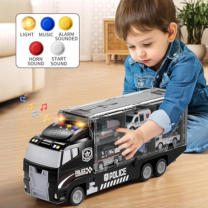 Toddler Boys Toys for 3 4 5 6 Years Old, Police Truck Vehicle Toy Set with Play Mat, Die-Cast Toy Car Carrier Truck for Kids, Birthday Gifts Toys for 3 4 5 6 7 8+ Year Old Boys