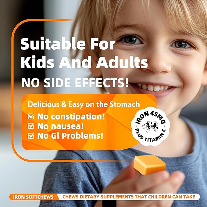 Iron Soft Chews Supplement with Vitamin C | Orange Flavored | Gluten Free | Iron Supplement for Women Men and Kids | 60 Count | 2 Month Supply