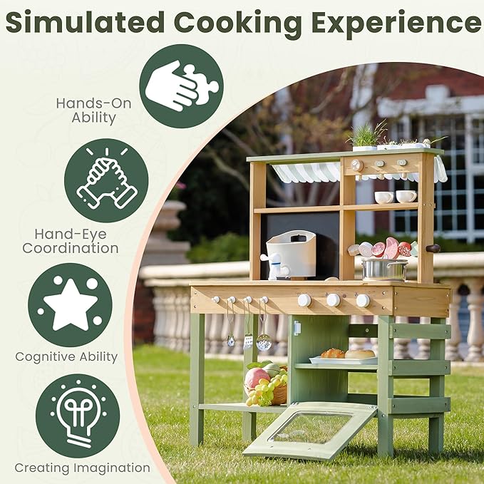 ROBUD Mud Kitchen for Kids Outdoor, Solid Wood Outdoor Play Kitchen, Green Kids Mud Kitchen with Barbecue Grill， Removable Sink & Faucet, Monteeori Toys for Children Ages 3+, WH003