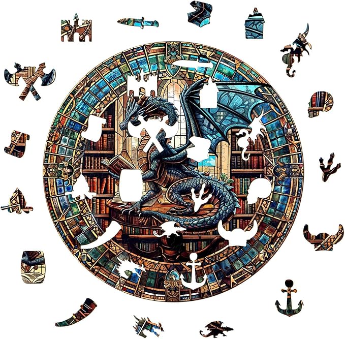 KAAYEE Wooden Puzzles for Adults-Dragon Library Wooden Jigsaw Puzzle Unique Shape Wooden Puzzle Wood Puzzle for Adults,Family Puzzles for Adults (S-8.5 * 8.5in-100pcs)