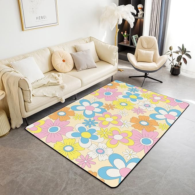 Erosebridal 70S Groovy Flowers Area Rug 3x5 Hippie Colorful Retro Floral Cute Rug Vintage Garden Flower Carpet Pastel Botanical Hippy Aesthetic Non Slip Decorative Rug for Bedside