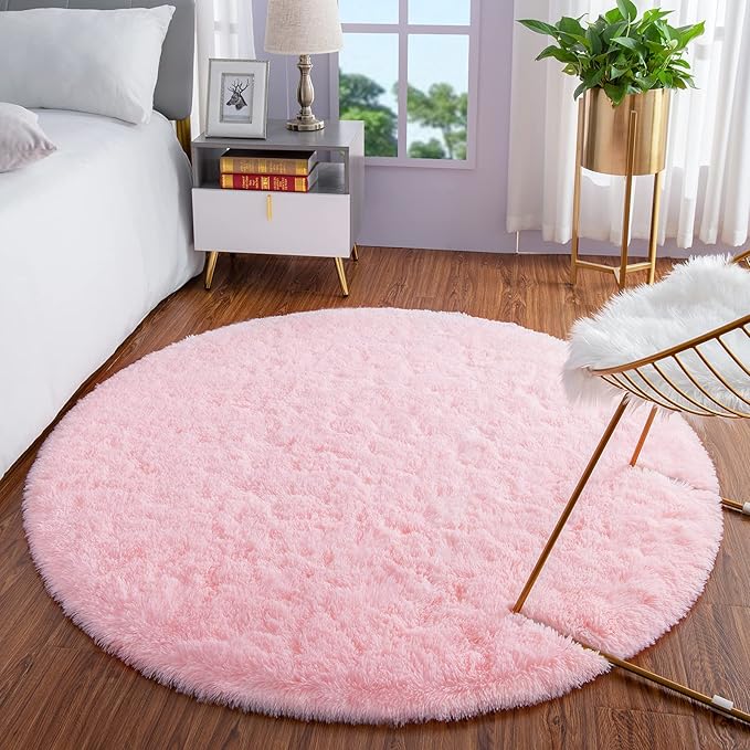 LOCHAS Luxury Round Fluffy Area Rugs for Bedroom Kids Girls Room Nursery, Super Soft Circle Rug, Cute Shaggy Carpet for Children Living Room, 4x4 Feet Pink