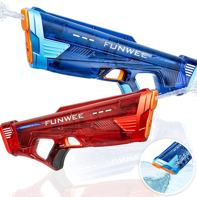 2 Pack Electric Water Gun for Adults Kids, Powerful Automatic Squirt Gun, High Powered Shooting 100+ Times, Long Range, Auto Water Blaster, Pool Outdoor Water Toy(Transparent Blue+Red)