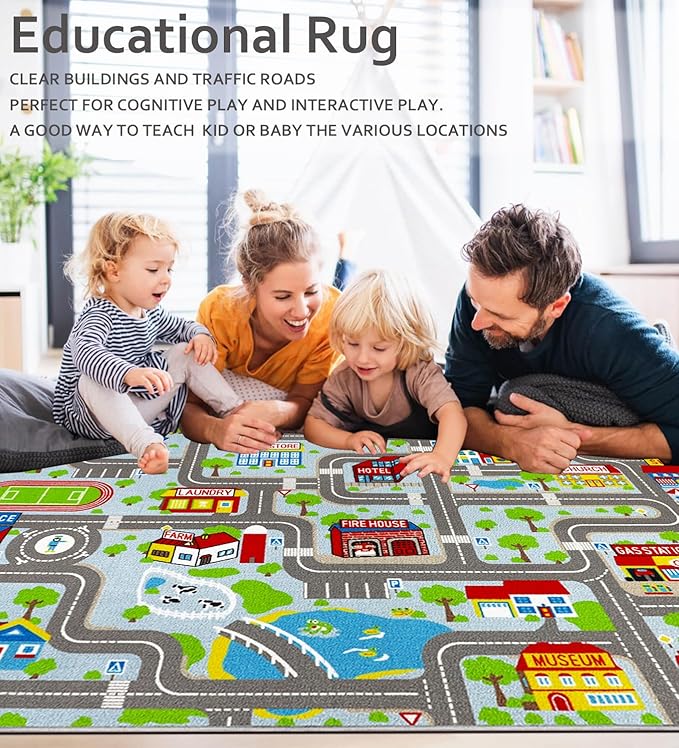 Educational Road Traffic Carpet Kids Carpet Playmat Car Rug Fun City Life Map Kids Car Rug Non Slip Play Carpet for Children Playroom Bedroom Classroom Decor (Sky Blue, 5'0''x6'6'')