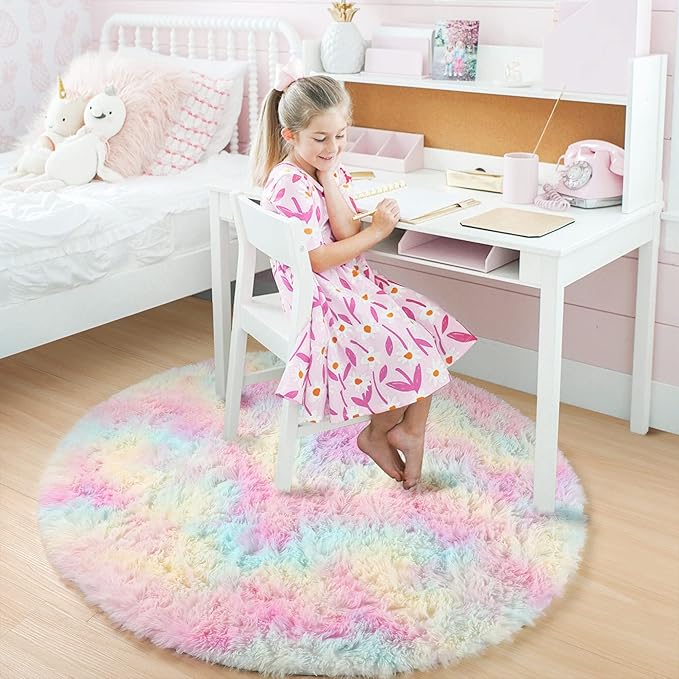 Amdrebio Rainbow Fluffy Round Rug 4Ft Kids Rugs for Girls Bedroom, Unicorn Room Decor, Colorful Pastel Shag Carpet for Preppy Dorm, Soft Cute Fuzzy Kawaii Circle Area Rugs for Baby Nursery, Playroom