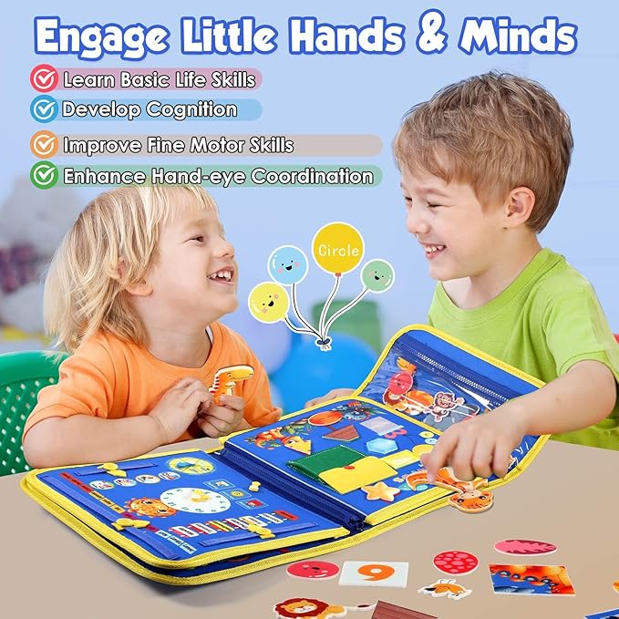 Blue Montessori Busy Board Book for Toddlers 1-3, Montessori Toys for 1-3 Year Old Boy Birthday Gift, Educational Quiet Activity Books for Toddlers, Airplane Car Travel Toys for Ages 1-3 2-4