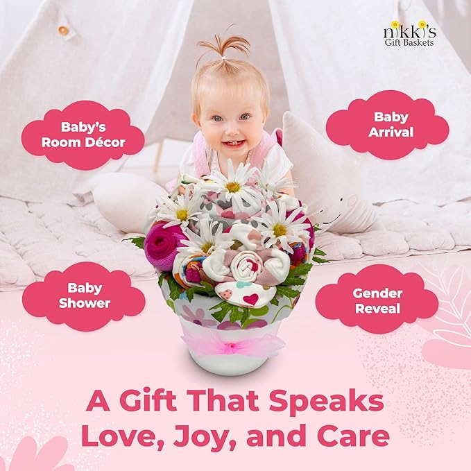 Deluxe Baby Blossom Clothing Bouquet | Newborn Baby Girl Gift Set | Gift for Expecting Moms and Gender Reveals | New Baby Gift Basket | Pink Baby Gift Set | Baby Girl Outfits | Nikki's Gift Baskets