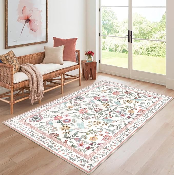 Washable Floral Area Rug, 3x5 Pink Indoor Entryway Rug Soft Non-Slip Botanical Kitchen Rugs, Ultra Thin Modern Flower Birds Throw Carpet for Living Room Bedroom Nursery Foyer