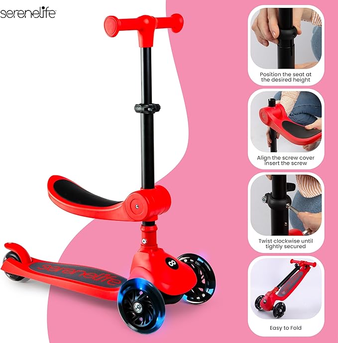 SereneLife 3 Wheel Foldable Kids Scooter - Foldable Seat, LED Wheel Lights, Adjustable Handlebar, Rear Foot Brake, Lean-to-Steer, Anti-Slip Deck, Ideal for Toddlers Kids 3+, up to 110Lbs