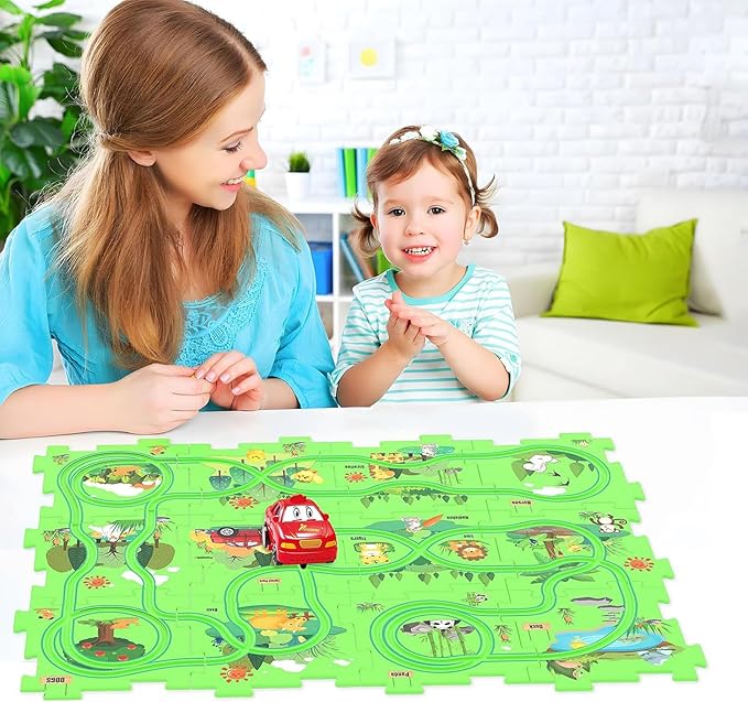 25PCS Puzzle Racer Kids Car Track Set, Land Series Jigsaw Puzzle Racer Car Play Set Preschool Gifts for Kids Christmas Birthday Gift for Boys Girls