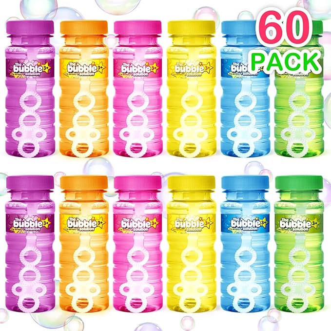 Springflower 60 Pcs Bubble Bottles with Wand,Bubbles Party Favors for Kids,Summer Toys, Blow Bubbles Solution Novelty Toy, Party Favors, Birthday Party Supplies, Outdoor & Indoor Activity,4oz,6 Colors