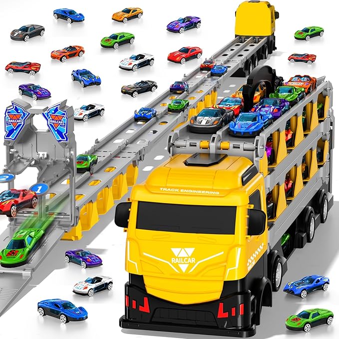 Racing Car Railway Truck Toy for Boys 2 3 4 5 6 7 Years Old - 78.7-inch Transport Carrier Trucks, Foldable Railway Storage, die-cast Car, for Toddlers and Kids Aged 3-5