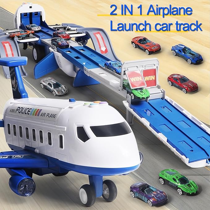 Airplane Toy Race Track Kids Toys, Foldable 4 Layer Toddler Car Track Playset, Toy Plane Transport Car Carrier & 6 Race Cars, Toddlers Toys Birthday Xmas Gifts for Age 3 4 5 6+ Years Old Boys Girls
