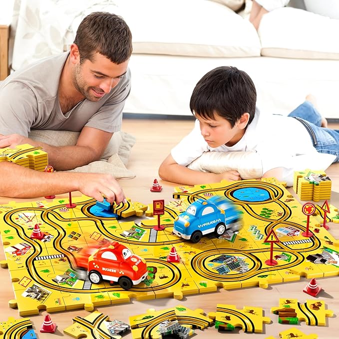 48 PCS Puzzle City Racer Car Track Set Toys for Kids Boys, Toys Gifts for 3 4 5 Year Old Boys, Puzzle Racer Kids Car Track Set Ages 3-5 4-6, Ideal 3 4 5 Year Old Boys Birthday Gifts