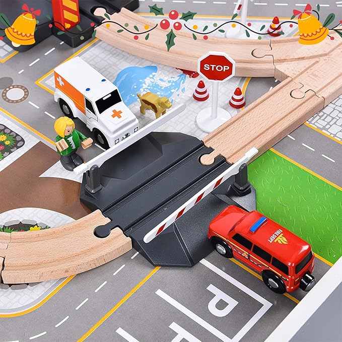 Giant bean 72PCS Fire Station Wooden Train Track Electric Train Set, Gift Packed Toy Railway Kits for Kids, Toddler Boys and Girls 3,4,5 Years Old and Up, Christmas Birthday Gift Toy for Kids