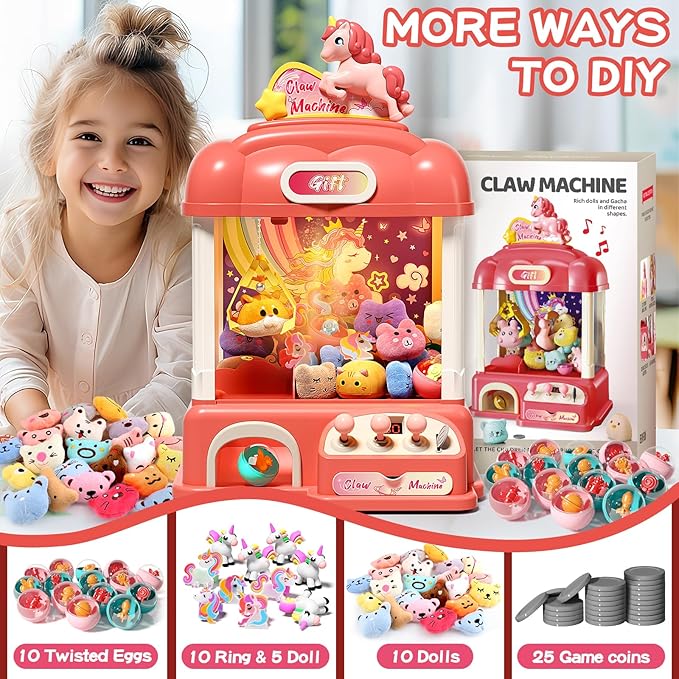 60 PCS Large Unicorn Kids Claw Machine, Vending Claw Machine with Lights Sound, Candy and Prize Electronic Dispenser Game Toys for Kids, Claw Machine Toys for 3 4 5 6 7 8 Years Old Girls