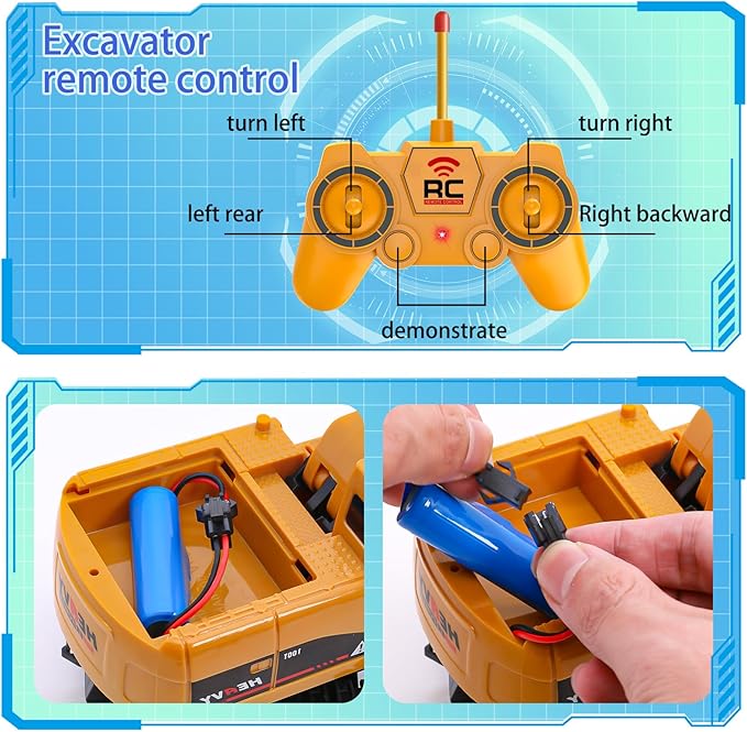 Remote Control Excavator and Dump Truck Toy Set - RC Construction Vehicles Toy with Barricades, Road Signs, Simulated Rocks, Lights and Sounds, Birthday Gifts for Toddlers 3-12 year Boys Girls