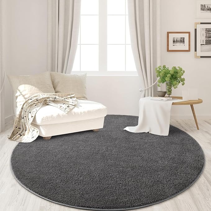 FlyDOIT Round Area Rugs for Bedroom Living Room, 6x6 Dark Grey Super Soft Comfy Thickened Memory-Foam Indoor Circle Carpet, Modern Aesthetic Minimalist Carpet for Boys Girls Adults Nursery Home Décor