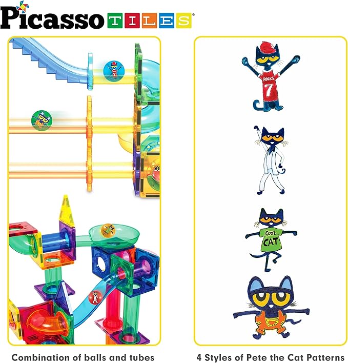 PicassoTiles Magnet Marble Run Tiles Pete The Cat Themed Character Marbles for Magnetic Building Block Construction Tile Maze Structures STEM Learning Pretend Play Fun Toys Girls Boys Ages 3+ PTG02
