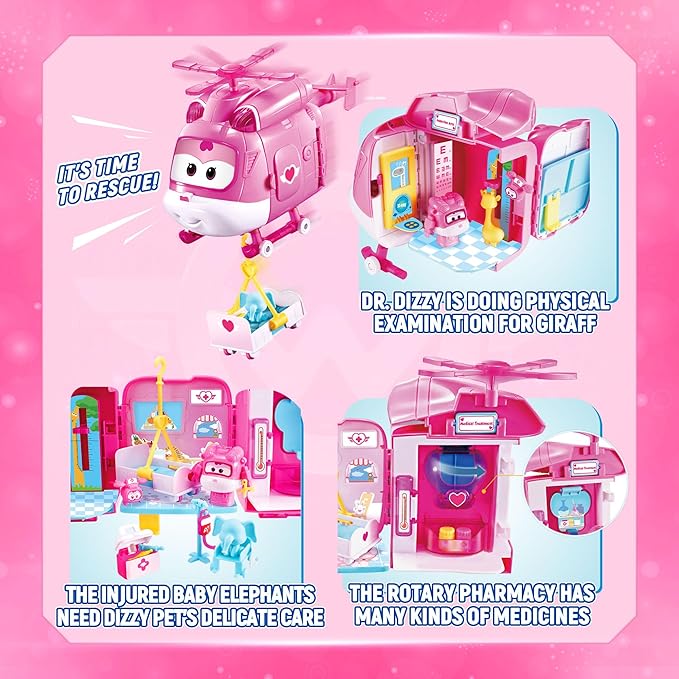Super Wings Dizzy Rescue Helicopter Hospital Playsets，Airplane Pet Care Play Sets Doctor Kit for Kids 3-5, 20+ Accessories Pretend Dr Kit for Toddlers, Gifts for Girls Boys 3-7 Years Old