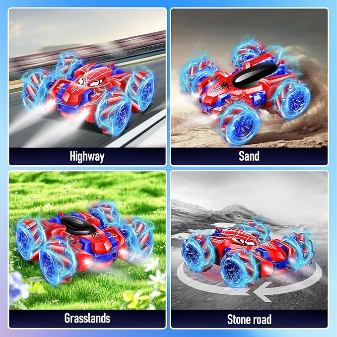Remote Control Car for Kids - Spider 360° Flip Double-Sided RC Car, 4WD Rechargeable Drift Racing Toy with Strip Lights & Headlights - Birthday Gifts for Boys Girls Ages 4-12