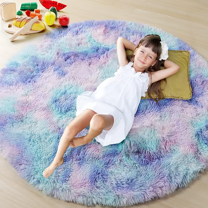 ONASAR Rainbow Round Area Rug 4ft, Soft Bedroom Circle Throw Rugs for Kids Girls Boys Teen Dorm Room, Fluffy Plush Shaggy Carpet Mats for Nursery Living Room Playroom Home Decor Princess Castle