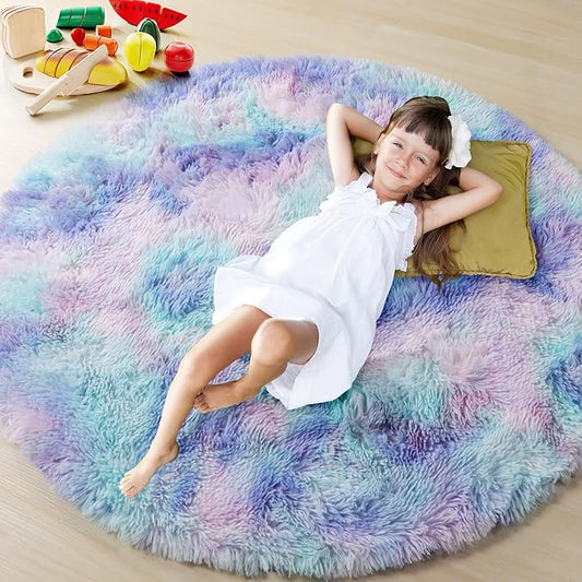 ONASAR Rainbow Round Area Rug 4ft, Soft Bedroom Circle Throw Rugs for Kids Girls Boys Teen Dorm Room, Fluffy Plush Shaggy Carpet Mats for Nursery Living Room Playroom Home Decor Princess Castle