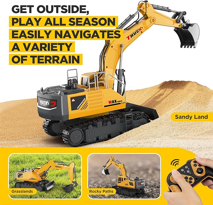21" Large Remote Control Excavator Toy with Metal Bucket & Dozer Blade, 15-Channel RC Excavator Toys for Boys 6+ Kids Adults Construction Vehicles Christmas Birthday Gift, 120+Mins/Spray/Sound/Light