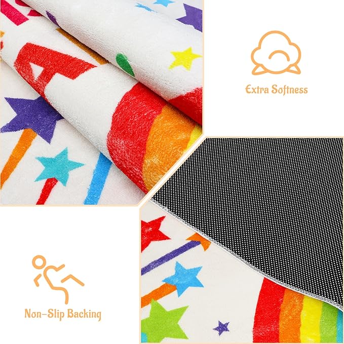 Rainbow Kids Rug, Washable Colorful Area Rug for Kids Room, Non-Slip Play Mat, Baby Crawling Mat, Kids Carpet Ultra Soft Play Rug for Classroom Playroom Bathroom (78.7X59 INCH)