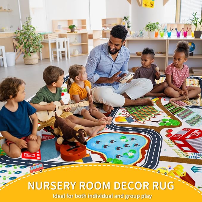 Kids Rug Car Rug for Toy Cars, 39.4"×59" Farm Life Road Traffic for Playroom Kid Road Mat Village Map Play Mat Non-Slip Washable Play Carpet for Toddler Boy Family Tummy Time Playtime White