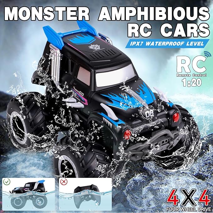Amphibious Remote Control Cars, 1/20 Stunt RC Rock Crawler Monster Truck Toy with Two Alternative Rechargeable Batteries, All-Terrain 4WD Off-Road Vehicle Toys Gift for Boys Kids Age 8-12 Blue