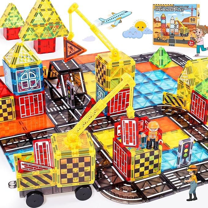 Magnetic Tiles Kids Construction Toys - Road Set with Magnet Crane for Boys Age 3-5 4-8 8-10, Magnet Building Blocks Expansion Pack Toy Car Track Train Set, Road, Dolls, Traffic Lights and Stations