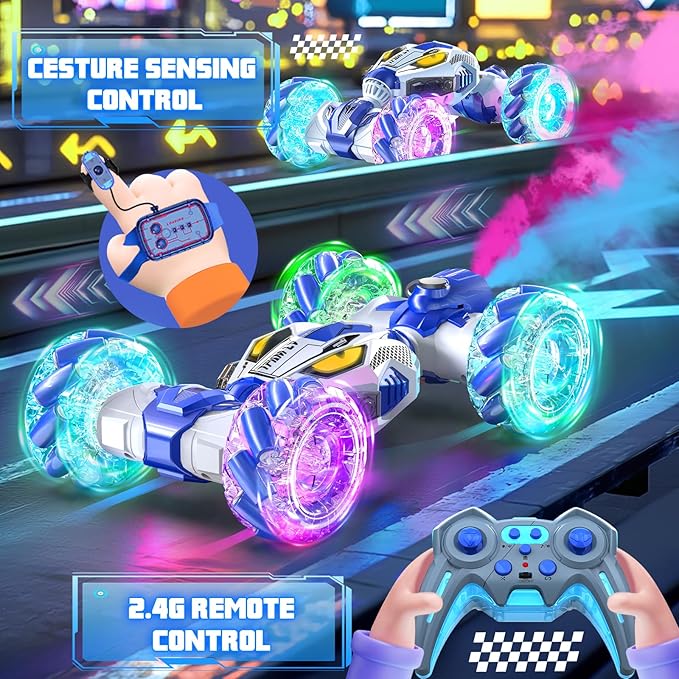 Gesture Sensing RC Stunt Cars - Toys for Boys Girls 6-12 | Best Gifts for Kids 6-12 Years Old | 4WD 360° Rotating Remote Control Transform Car | All-Terrain Off Road Vehicle with Lights Music Blue