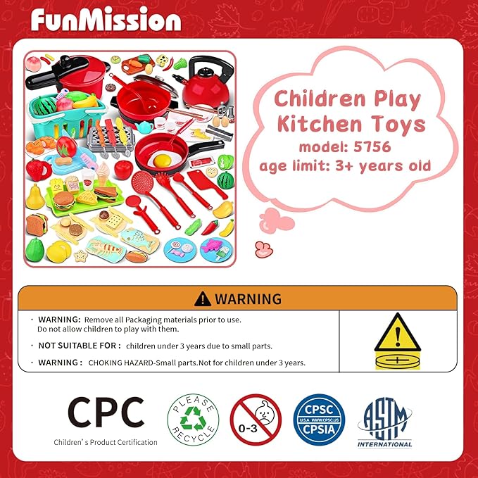 134 Pcs Toy Kitchen Accessories, Pretend Cooking Toys with BBQ Grill, Pressure Cooker, Kettle, Pots, Pans, Kitchen Playset for Cutting Play Food, Christmas Birthday Present for Boys Girls