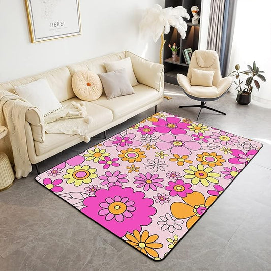 Erosebridal Girls Pink Flowers Area Rug 4x5,Psychedelic Groovy Floral Power Rug Aesthetic,Hippie Vintage 60S 70S Style Carpet Funky Hand Drawn Non Slip Living Room Rugs