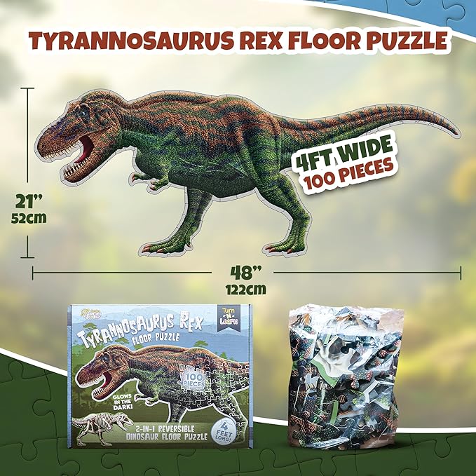 Tyrannosaurus Rex Dinosaur Jigsaw Puzzle | 100-Piece Double Sided Floor Puzzle with Glow-in-The-Dark Skeleton On Other Side | 4 FT Scientifically Accurate Dino Illustration | Educational Toy for Kids