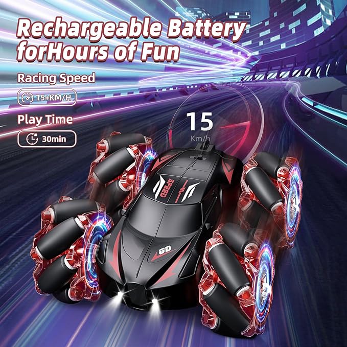 RC Stunt Car, 2.4GHz 4WD Gesture Sensing Remote Control Car with Cool Light and Music, Double-Sided 360° Flips RC Cars for Boys Age 6-12 8-12 Birthday Christmas Toy Cars(Red)