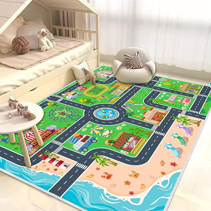 Kids Carpet Playmat Car Rug, Car Rug for Kids Toy Cars and Train, Non Slip Play Mat for Playroom Kids Room, City Life Educational Road Traffic Carpet for Classroom Nursery(Green,71×106in)