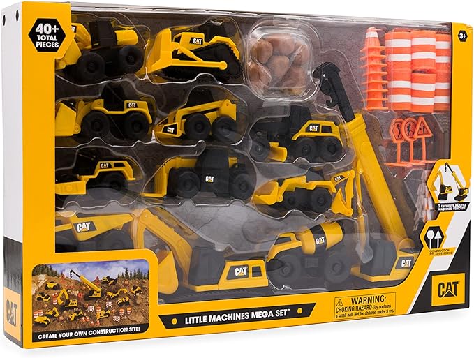 CAT Construction Toys, Little Machines Mega Set – 40+ Pieces with XL Crane & Excavator, 10 Mini Vehicles, Road Signs, Cones, Boulders & Barricades, Indoor/Outdoor STEM Toy for Kids Ages 3 +
