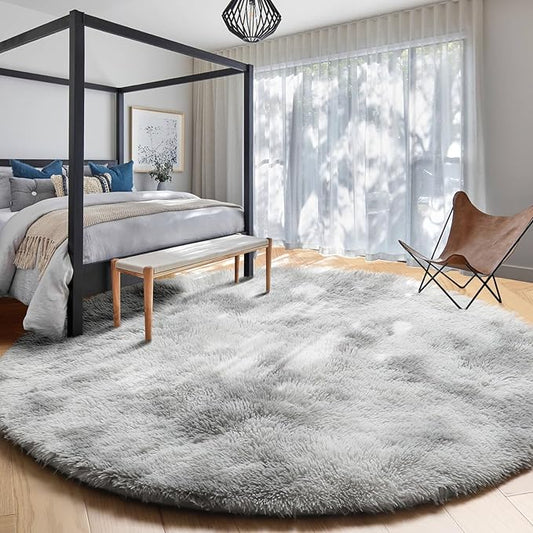 Amdrebio Tie-Dyed Light Grey Round Area Rugs for Living Room, 7x7 Large Soft Circle Rugs for Bedroom, Fluffy Shag Carpet for Kids Room, Big Modern Floor Circular Shaggy Farmhouse Rug