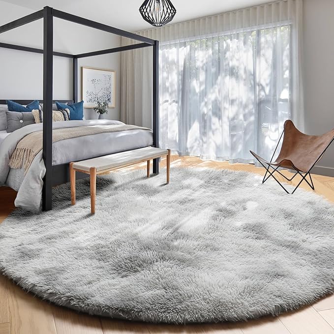 Amdrebio Tie-Dyed Light Grey Round Area Rugs for Living Room, 6x6 Ft, Soft Large Circle Rugs for Bedroom, Big Shag Fluffy Fuzzy Carpet for Kids Room, Modern Floor Circular Rug, Furry Farmhouse Rug