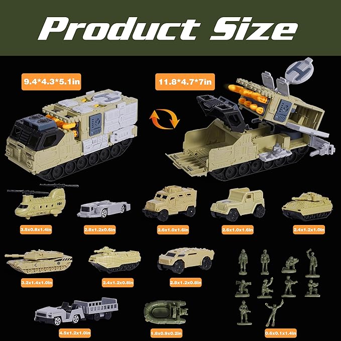Military Tank Toy Sets with Launchable Missiles, Army Toys with 9 Vehicles, Helicopter Trucks Army Men Action Figures, Birthday Gift for Boys Age 4-7