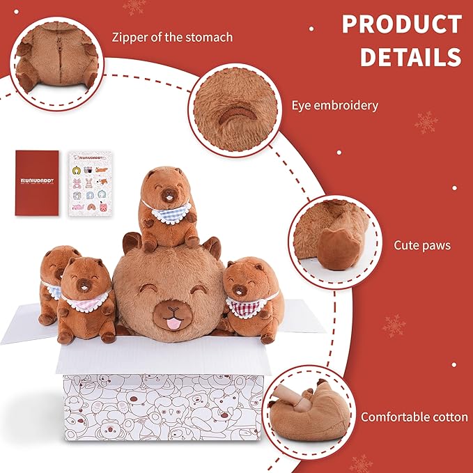 Niuniu Daddy 13" | 5Pcs Capybara Stuffed Animals Family Set, Mommy Capybara Plush with 4 Babies Toys Inside, 5 in 1 Kawaii Pillowfort Plush for Girls Boys Adults with Christmas Birthday Party Presents