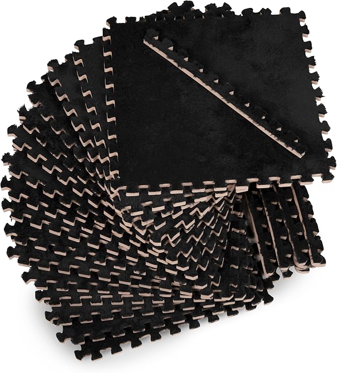 16 Piece Carpet Squares Puzzle Mat 49" x 49" Plush Interlocking Carpet Tiles, Foam Floor Tiles for Baby Play Mat - Kids Soft Play Floor Mats, Anti Slip Jigsaw Flooring Playmat Playroom Rug (Black)