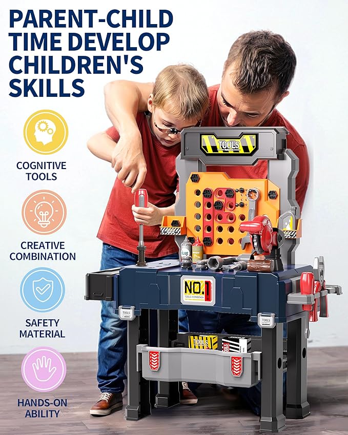 Deejoy Kids Tool Bench with Realistic and Electric Drill, Construction Workbench Toys for Toddlers 3-5, Toddler Bench Set for Boys & Girls Age 3-4 (with Work Clothes)