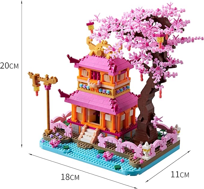 Cherry Blossom Tree House Micro Building Blocks Set Enjoy Flower Pavilion 1810pcs Exquisite Architecture Model Kit for Girls and Women (Adults or Kids Age of 14+)