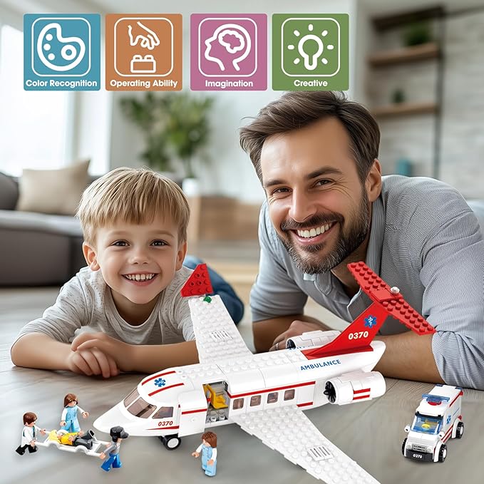 Sluban Rescue Plane Building Set with Ambulance Car, Stretcher and 4 Minifigures, City Airplane Hospital Vehicles Compatible with Lego Plane, Gift Idea for Kids, Girls and Boys Ages 6+, M38-B0370