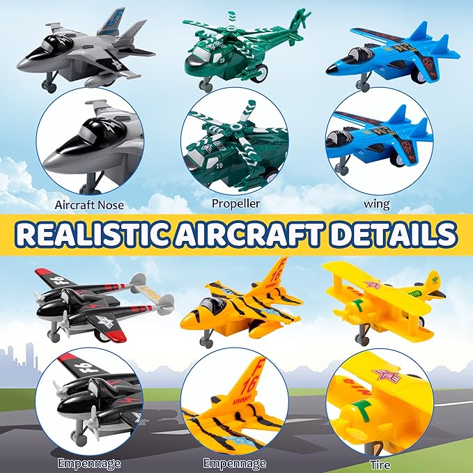 JOYIN 16 Pcs Pull Back Airplane Toys, Boys Plane Playset, Aircraft Incl Helicopter, Fighter, Bomber, Biplane Toy, Gifts for Toddler Kids 3+ Years Old, Kids Presents, Easter Basket Stuffers