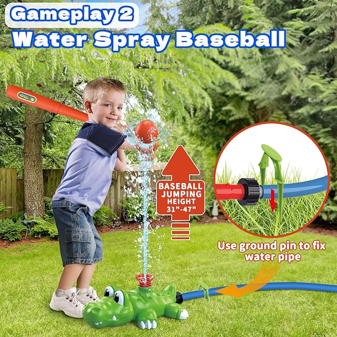 4-in-1 Kids Water Sprinklers T Ball Set & Water Ball Toy, Crocodile Baseball Sprinkler for Backyard Outdoor Summer Toys for Boys Girls Outside Yard Water Game Toys for Kids Toddlers Ages 3-8