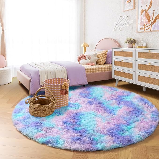 Amdrebio Purple Rainbow Round Rug 6Ft for Bedroom Girls Room Decor, Mermaid Stitch Frozen Kids Rugs for Playroom Nursery Classroom, Fluffy Fuzzy Cute Shag Carpet, Plush Circle Area Rugs for Princess